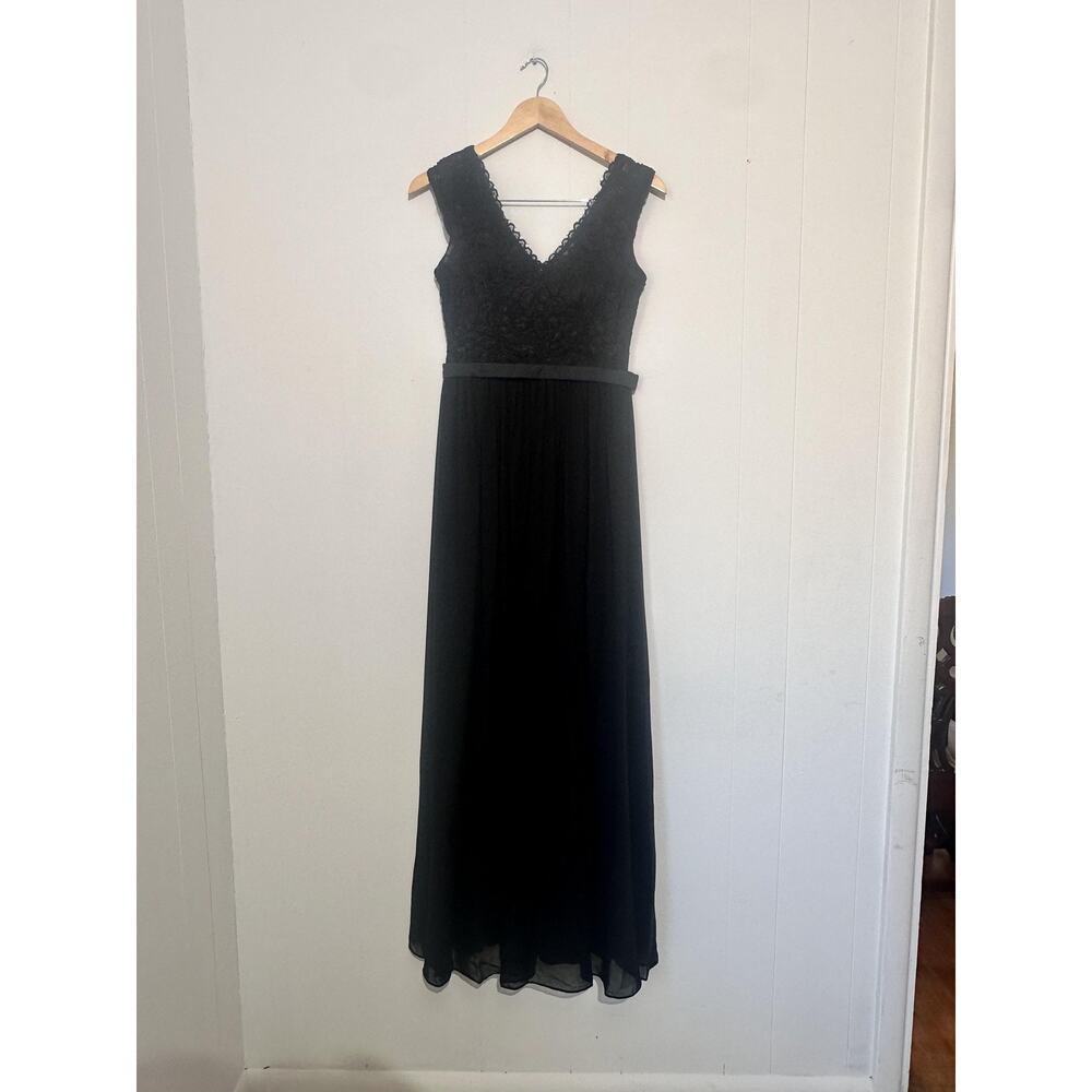 Eva Dress Womens XS Black Lace Bodice Chiffon Maxi V Neck Formal Gown Evening‎